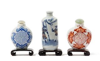 Three Porcelain Snuff Bottles Height of tallest 3 1/4 inches.