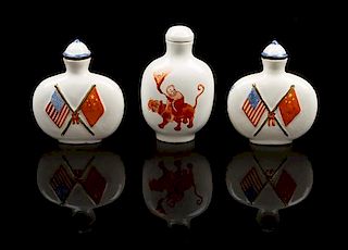 * Three Commemorative Porcelain Snuff Bottles Height of tallest 3 inches.
