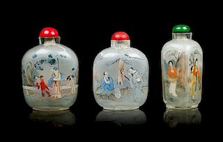 * A Group of Three Inside Painted Glass Snuff Bottles Height of tallest 4 3/8 inches.