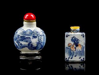 * Two Blue and White Porcelain Snuff Bottles Height of first overall 3 7/8 inches.