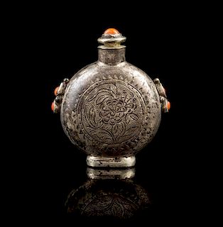 A Mongolian Stone Inset Metal Snuff Bottle Height 2 1/4 inches.