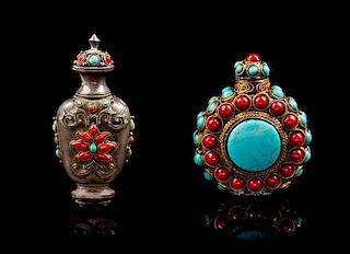 * Two Tibetan Coral and Turquoise Inset Snuff Bottles Height of taller 3 1/2 inches.