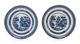* Two Chinese Export Blue and White Porcelain Chargers Diameter 9 1/2 inches.