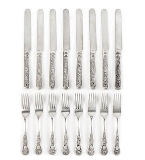 A Chinese Export Silver Fish Service, WOSHING, SHANGHAI, 1870s-1910s, Prunus pattern, comprising: 8 knives 8 forks