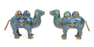A Pair of Cloisonne Enamel Camel-Form Vessels Width 7 1/2 inches.