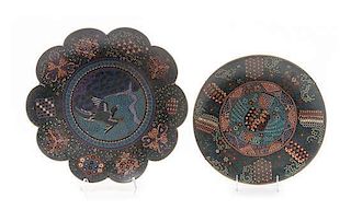 Two Cloisonne Enamel Chargers Diameter of larger 14 1/2 inches.