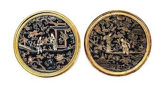 Two Embroidered Silk Panels Diameter overall 10 1/8 inches.