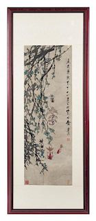 An Ink and Color Scroll Painting on Paper Height 37 7/8 x width 13 inches.