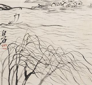 A Chinese Scroll Painting, after Qi Baishi Height of image 12 1/2 x width 13 1/4 inches.