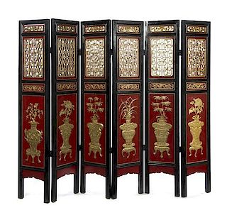 A Gilt, Red and Black Lacquered Six-Panel Floor Screen Height 75 inches.