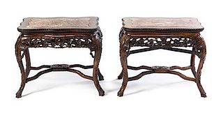 A Pair of Carved Wood End Tables Height 18 3/4 x width 24 1/2 x depth 17 3/4.