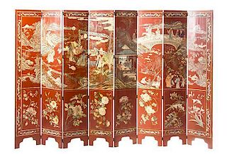 * A Lacquered Eight-Panel Floor Screen Height 66 1/2 x width 12 1/2 (each panel).