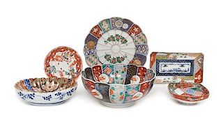 Six Japanese Imari Porcelain Articles Diameter of largest 9 1/8 inches.