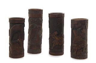 * Four Japanese Brush Pots Height of tallest 14 1/2 inches.