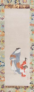 A Japanese Bijin Scroll Painting Height of image 36 3/4 x width 11 3/4 inches.