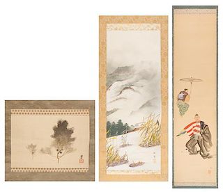 A Group of Three Ink and Color Scroll Paintings on Silk Height of largest 45 1/2 x width 11 inches.