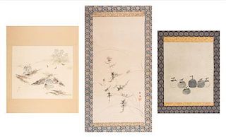 A Group of Three Ink and Color Scroll Paintings on Paper Height of largest 27 x width 12 7/8 inches.
