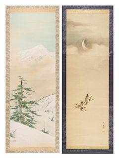 Two Ink and Color Scroll Paintings on Silk Height of larger 49 x width 16 1/4 inches.