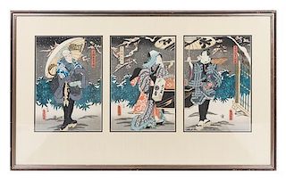 Utagawa Toyokuni, (1769-1825), depicting two men and a woman in a snow scene.