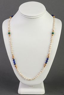 14K Yellow Gold Pearl Lapis & Malachite Necklace
