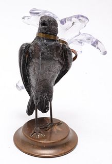 Victorian Cast Metal Bird w Glass Flower Bud Vase