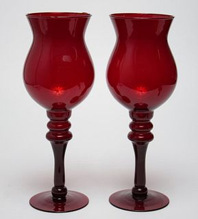 Ruby Glass Hurricane Candle Holder Lamps, Pair