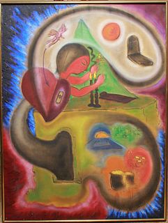 Surrealist Judaica Chagall Manner Signed Oil, 1963