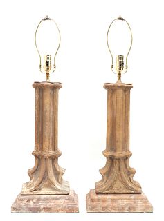 Carved Wood Columnar Table Lamps, Pair