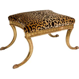 Giltwood and Leopard Klismos Style Bench