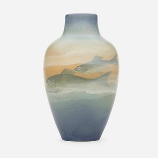 Edward T. Hurley for Rookwood Pottery, Vellum vase with fish