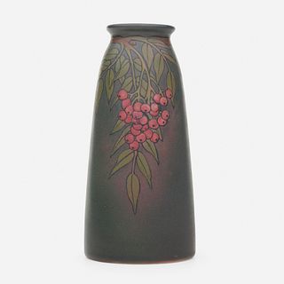 Olga Geneva Reed for Rookwood Pottery, Vellum vase with red berries