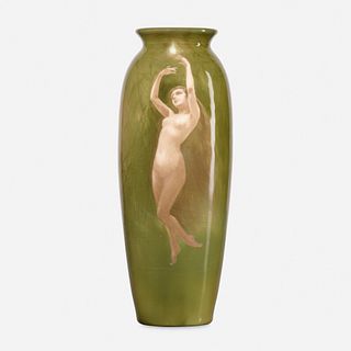 Harriet Elizabeth Wilcox for Rookwood Pottery, Iris Glaze vase with nude maiden