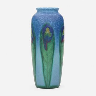 Elizabeth Lincoln for Rookwood Pottery, Double Vellum vase with peacock feathers