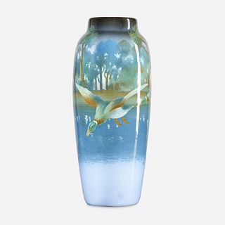 Carl Schmidt for Rookwood Pottery, Iris Glaze vase with ducks