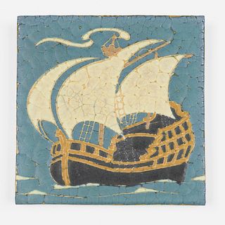 Grueby Faience Company, tile with schooner