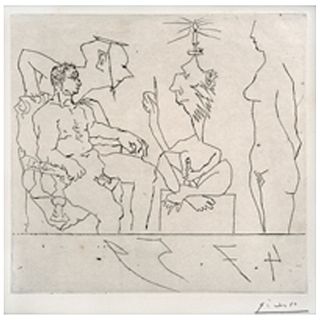 PABLO PICASSO, Philosophe discourant devant un notable, avec femme nue á droite. 