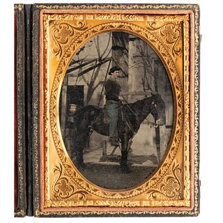 Outdoor Quarter Plate Tintype Featuring a Mounted Cavalryman