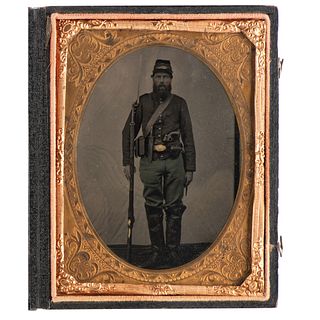 Quarter Plate Tintype of Triple-Armed Infantryman Sporting Cavalry Boots and Uncommon Square Trigger Colt Revolver