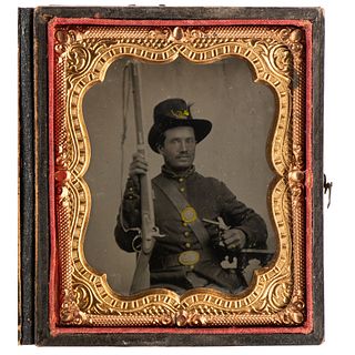 Sixth Plate Tintype of a Double-Armed Infantry Private Wearing a Plumed Hardee Hat