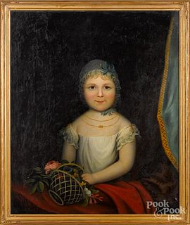 Oil on canvas portrait of a child with basket