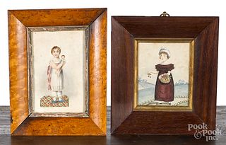 Two miniature watercolor portraits of girls