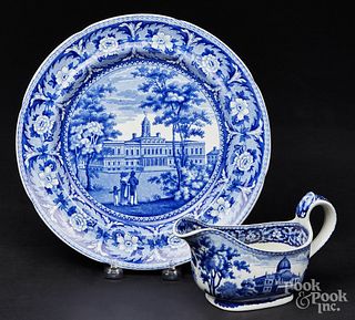 Historical blue Staffordshire plate and gravy