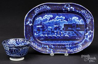 Historical blue Staffordshire platter and cup