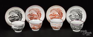 Four Historical Staffordshire cups and saucers