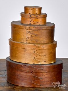 Five Shaker stacking bentwood boxes, 19th c.