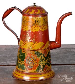 Red toleware coffee pot, 19th c.