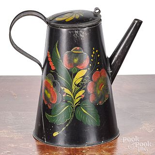 Black toleware coffee pot, 19th c.