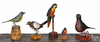 Five folk art carved and painted birds
