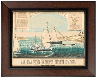 The Boat Fight in Corpus Christi Channel, Civil War Watercolor and Lithograph