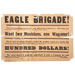 Eagle Brigade Civil War Broadside Calling for Musicians and Wagoner